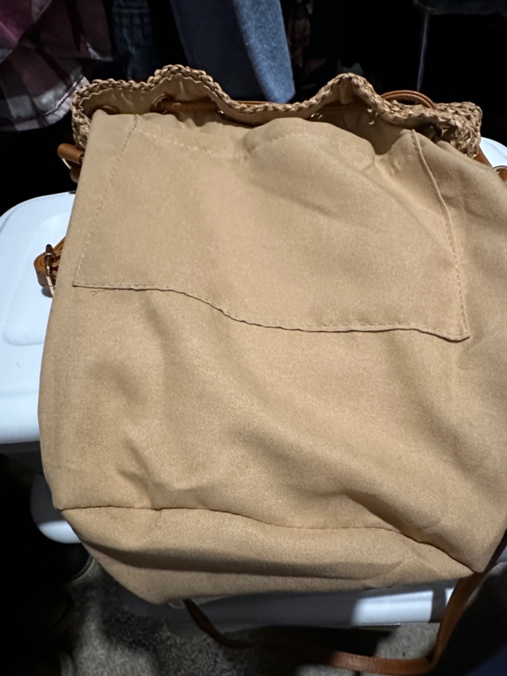 Woven Crochet Drawstring Shoulder Bag in Tan - Picture 4 of 6